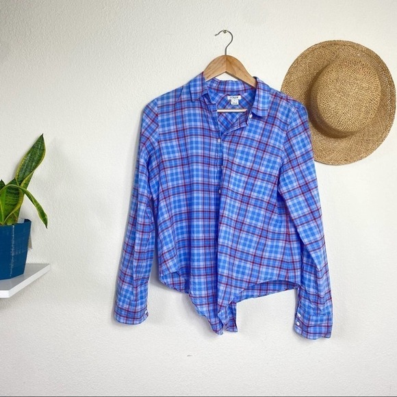 J. Crew Printed Tie Waist Shirt in Blue Plaid S Small - Picture 2 of 9